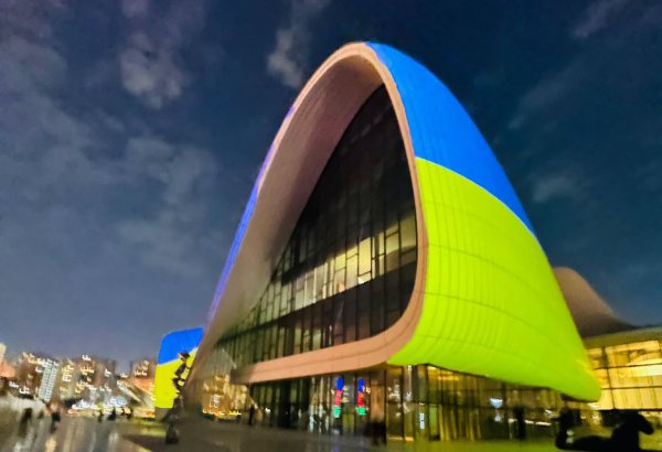 Heydar Aliyev Center illuminated in colors of Ukrainian flag