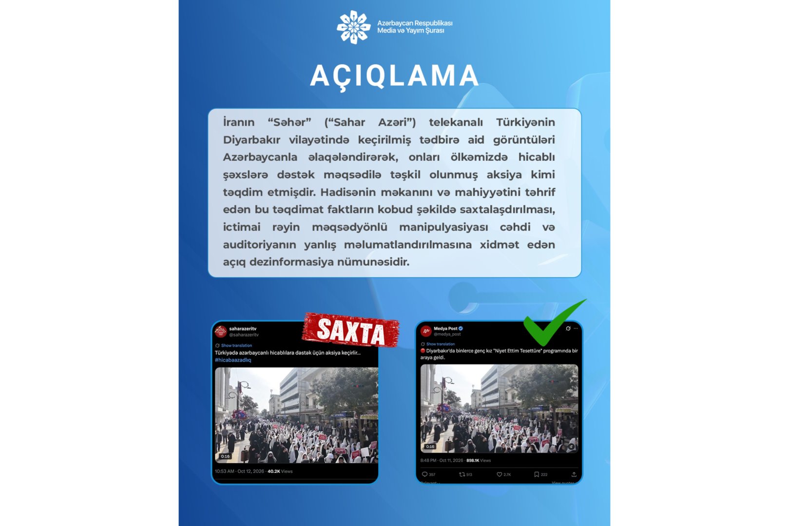 Azərbaycan İranın Sahar TV-sini ölkəyə yanlış bağlanan görüntülərə görə tənqid edir